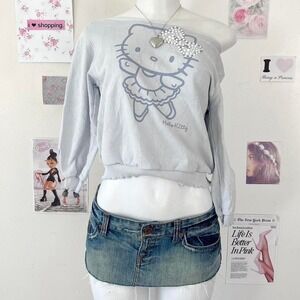 Sanrio Hello Kitty Y2K Grey Off Shoulder Crop Sweatshirt Pearl Bow Size M